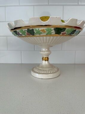 Vintage Porcelain Pedestal Compote with Hand-Painted Floral Band